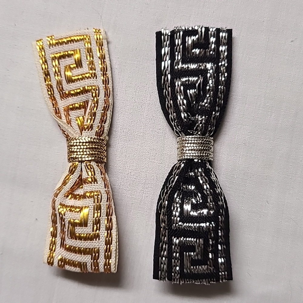 Set of 2 Vintage Hair Bow Clip Barrettes Greek Key Black Silver White Gold 1960s